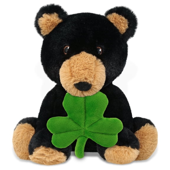 DolliBu Eco-Friendly Black Bear Stuffed Animal with Green Plush Shamrock, Cute Green Shamrock Plush, Fun St Patricks Day Stuffed Animal Bear, Good Luck St Patricks Day Toys for Kids, Baby - 9 Inches