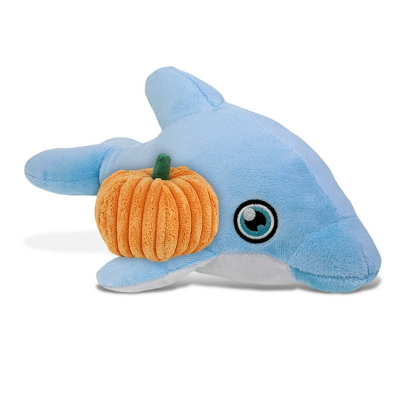 DolliBu Eco Friendly Super Soft Dolphin Stuffed Animal with Pumpkin Decor - Pumpkin Plush Animal for Fall, Halloween and Thanksgiving, Pumpkin Toy for Baby, Kids, Adults - 13.5 Inches