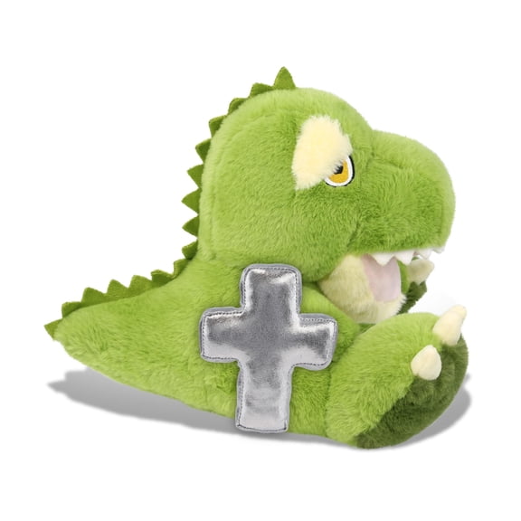 DolliBu Eco-Friendly T-Rex Stuffed Animal with Silver Cross Plush - Religious Baby Baptism Gifts for Boys and Girls Dedication Christening Gifts Plush Prayer Toy Healing Stuffed Animal  9 Inches
