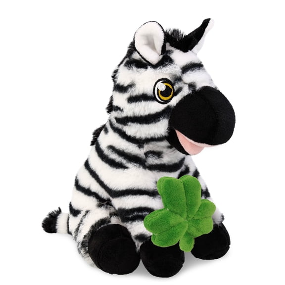 DolliBu Eco-Friendly Zebra Stuffed Animal with Green Plush Shamrock, Cute Green Shamrock Plush, Fun St Patricks Day Stuffed Animal Zebra, Good Luck St Patricks Day Toys for Kids, Baby - 9 Inches