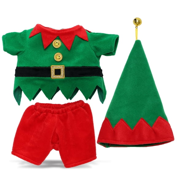DolliBu Elf Stuffed Animal Dress Up Set – 3-Piece Christmas Elf Teddy Bear Clothes with Hat, Shirt and Pants Costume, Pretend Play Accessories for Stuffed Animals - Fits 8 to 10 Inch Plush Toys