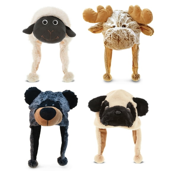 DolliBu Farm Animal Plush Hat Set of 4 Super Soft Moose, Black Bear, Sheep, and Pug Dog Warm Hat with Ear Flaps, Cute Wild Stuffed Animals Toy Hats Cozy Fleece Winter Hats for All Ages - 1 Size
