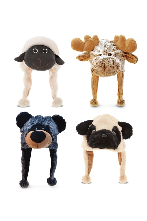 Farm Animal Plush Hat Set of 4 Super Soft Moose, Black Bear, Sheep, and Pug Dog Warm Hat with Ear Flaps, Cute Wild Stuffed Animals Toy Hats Cozy Fleece Winter Hats for All Ages - 1 Size