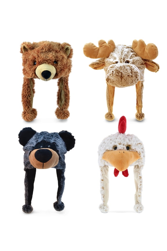 Farm Animals Plush Hat Set of 4 Super Soft Moose, Black Bear, Rooster, Grizzly Warm Hat with Ear Flaps, Cute Wild Stuffed Animal Toy Hats Cozy Fleece Winter Hats for All Ages - 1 Size