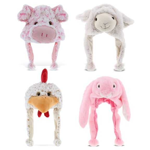 DolliBu Farm Plush Hats Set of 4 Soft Bunny, Sheep, Pig, Chicken Warm Hat with Ear Flaps, Plush Party Crazy Hat, Stuffed Animal Halloween Costume Toy Hats, Cozy Fleece Winter Hats One Size