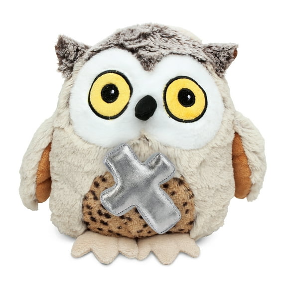 DolliBu Fat Brown Owl Stuffed Animal with Silver Cross Plush - Religious Baby Baptism Gifts for Boys and Girls Dedication Christening Gifts Plush Prayer Toy, Healing Stuffed Animal Toy- 10 Inches