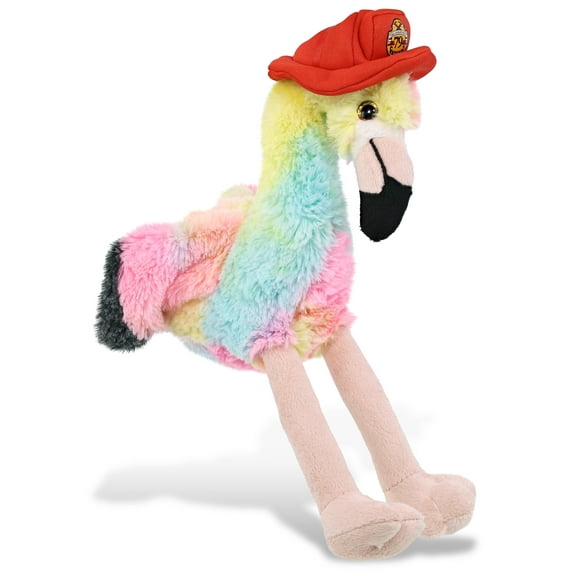 DolliBu Flamingo Firefighter Stuffed Animal - Super Soft Rainbow Flamingo Fireman Toy with Red Fireman Hat Outfit, Cute Wild Life Animal Fire Fighter Doll Plush Toy for Kids and Adults - 10.5 Inch