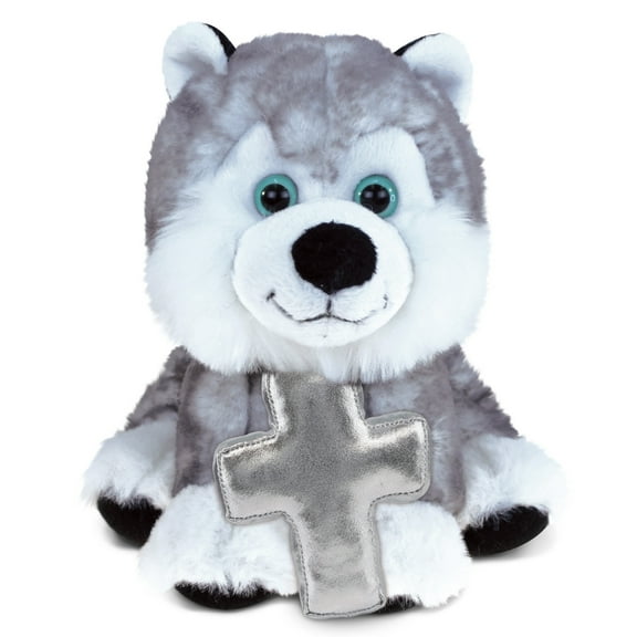DolliBu Floppy Husky Dog Stuffed Animal with Silver Cross Plush Religious Baptism Gifts for Boys and Girls, Dedication Christening Gifts Plush Prayer Toy Healing Stuffed Animal - 7.5 Inches