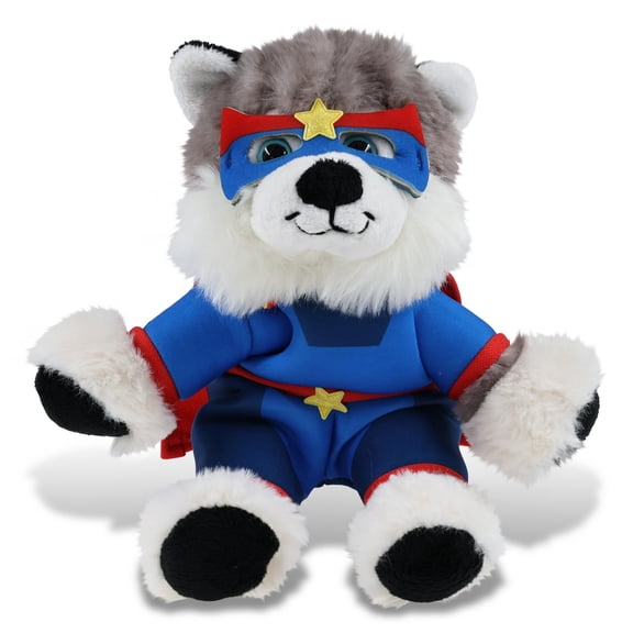 DolliBu Floppy Husky Plush Stuffed Animal with Superhero Costume - Cute Pet Life Toy with Red Cape Blue Suit, Eye Mask - Super Hero Adventure Plush for Kids - 7.5 Inches