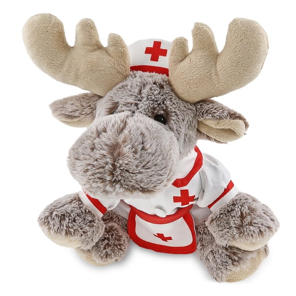 DolliBu Floppy Moose Plush with Nurse Stuffed Animal Dress Up Set - Hospital Costume Moose Stuffed Toy with Nurse Dress, Hat, and Apron, Get Well Plush for Kids and Adults - 12 Inches