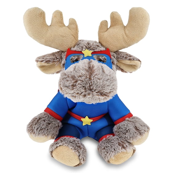 DolliBu Floppy Moose Plush Stuffed Animal with Superhero Costume - Cute Wildlife Toy with Red Cape Blue Suit, Eye Mask - Super Hero Adventure Plush for Kids - 9 Inches