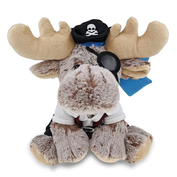 DolliBu Floppy Moose Stuffed Animal With Pirate Dress Up Set - Sea Adventure Plush Toy Stuffed Moose with Cute Pirate Costume - Hat, Shirt, Pants, Eye Patch, Belt - 9 Inches