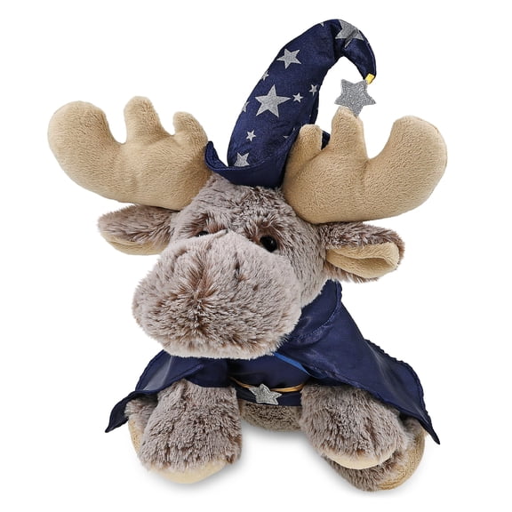 DolliBu Floppy Moose Stuffed Animal with Wizard Costume - Cute Wildlife Plush Toy with Magical Dress Up Set Blue Cape and Wizard Hat with Silver Stars - 12 Inches