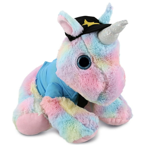 DolliBu Floppy Rainbow Unicorn Police Officer Plush Toy - Super Soft Unicorn Cop Stuffed Animal Dress Up Cop Uniform and Cap Outfit, Fluffy Policeman Toy Plush Gift 10 Inches