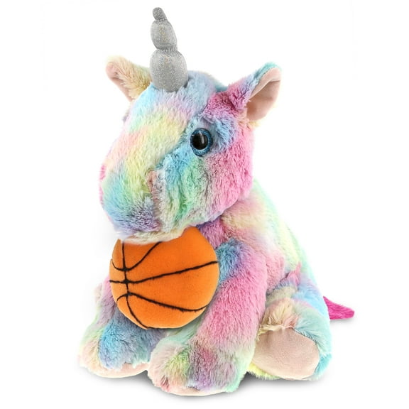 DolliBu Floppy Rainbow Unicorn Stuffed Animal with Basketball Plush - Huggable Unicorn, Playtime Plush Toy, Cute Fantasy Gift Plush Doll Animal Toy for Kids and Adults - 10 Inches