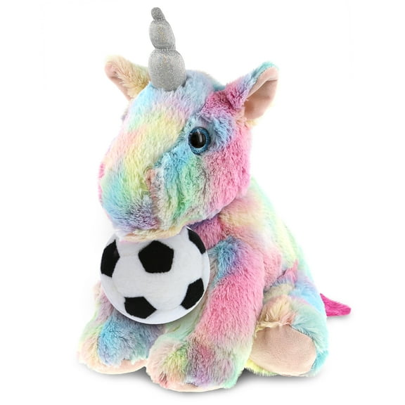 DolliBu Floppy Rainbow Unicorn Stuffed Animal with Soccer Ball Plush - Soft Huggable Unicorn Playtime Plush Toy, Cute Fantasy Gift, Super Soft Plush Doll Animal Toy for Kids and Adults - 10 Inches