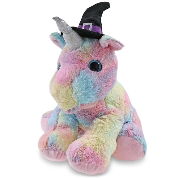 DolliBu Floppy Rainbow Unicorn Stuffed Animal with Witch Costume - Cute Fantasy Animal with Witch Hat Outfit - Spooky Halloween Plush Toy for Kids - 12 Inches