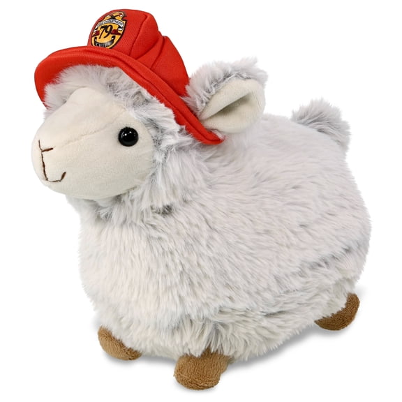 DolliBu Fluffy White Sheep Firefighter Stuffed Animal - Super Soft Sheep Fireman Toy with Red Fireman Hat Outfit, Cute Farm Life Animal Fire Fighter Doll Plush Toy for Kids and Adults - 11.5 Inch