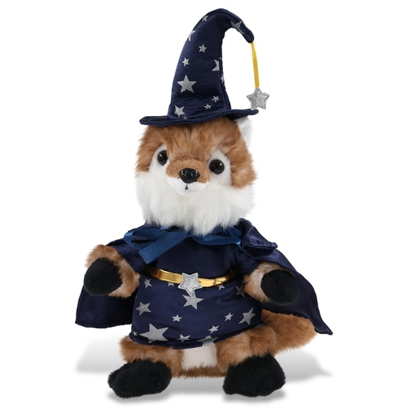 DolliBu Fox Stuffed Animal with Wizard Costume - Cute Wildlife Animal Plush Toy with Magical Dress Up Set Blue Cape and Wizard Hat with Silver Stars - 9.5 Inches