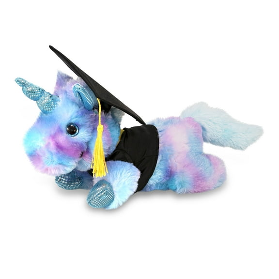 DolliBu Friday Blue Unicorn Graduation Plush Toy - Cotton Candy Graduation Stuffed Animal Dress Up with Gown & Cap with Tassel Outfit - Congratulatory Graduation Gift - 10.5 Inch