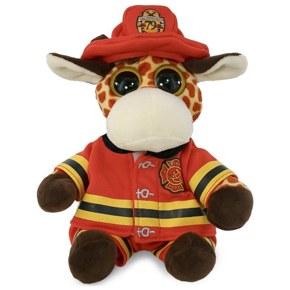 DolliBu Giraffe Firefighter Stuffed Animal - Big Eye Giraffe Fireman Toy with Red Fireman Costume Outfit and Fireman Hat, Cute Wild Life Stuffed Animal Fire Fighter Doll Plush Toy for Kids - 6.5 Inch
