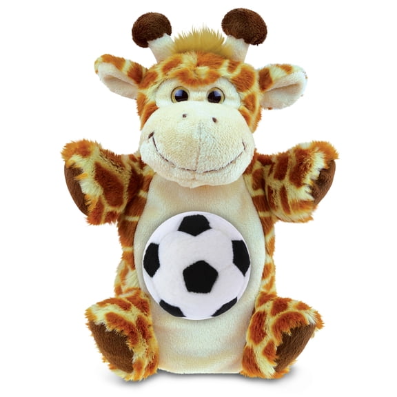 DolliBu Giraffe Hand Puppet Stuffed Animal with Soccer Ball Plush - Soft and Huggable Giraffe Playtime Plush Toy, Cute Safari Life Gift, Super Soft Stuffed Doll Animal Toy for Kids, Adults - 10 Inch