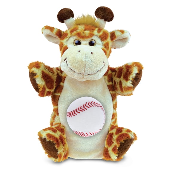 DolliBu Giraffe Stuffed Animal with Baseball Plush Hand Puppet - Soft and Huggable Giraffe Gift, Cute Safari Animal Puppet with Plush Baseball Toy for Kids, Adults 10 Inches