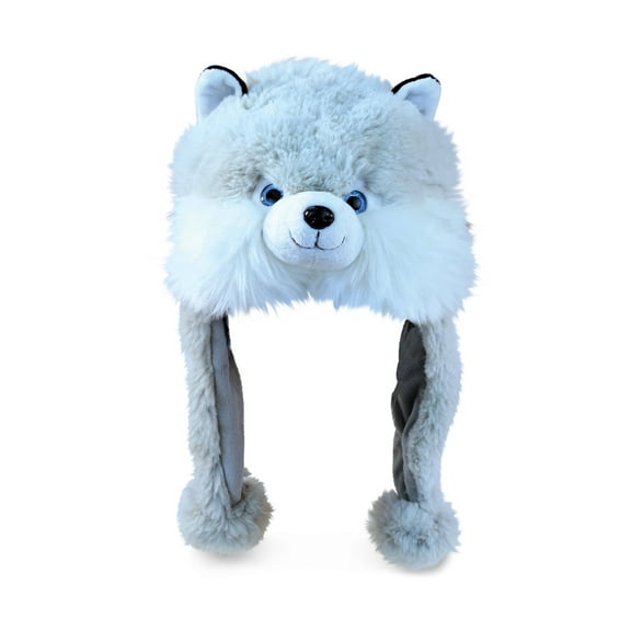 DolliBu Husky Plush Hat - Super Soft Fleece Stuffed Animal Beanie with Ear Flaps, Cozy Warm Winter Hat for Kids, Teens and Adults, Funny Costume or Everyday Wear - One Size