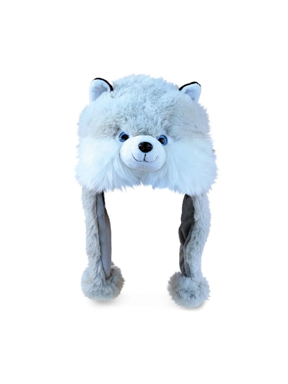 Husky Plush Hat - Super Soft Fleece Stuffed Animal Beanie with Ear Flaps, Cozy Warm Winter Hat for Kids, Teens and Adults, Funny Costume or Everyday Wear - One Size