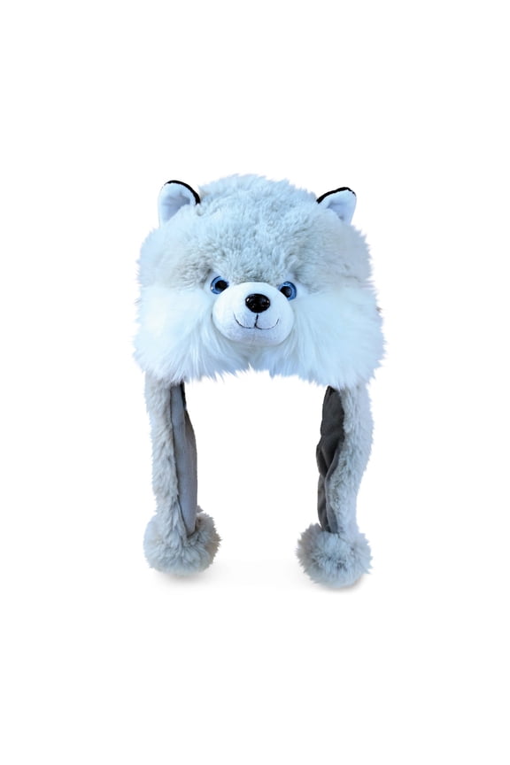 Husky Plush Hat - Super Soft Fleece Stuffed Animal Beanie with Ear Flaps, Cozy Warm Winter Hat for Kids, Teens and Adults, Funny Costume or Everyday Wear - One Size