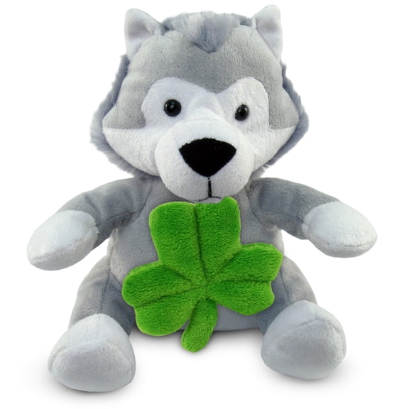DolliBu Gray Wolf Stuffed Animal with Green Plush Shamrock - Cute Green Shamrock Plush St Patricks Day Stuffed Animal Wolf, Good Luck St Patricks Day Toys for Kids, Baby - 6 Inches