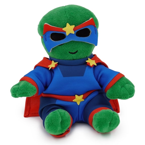 DolliBu Green Alien Plush Stuffed Animal with Superhero Costume - Cute Space Toy with Cape, Star Mask, and Blue Outfit - Alien Baby Toy for Kids, Adventure Collectible Space Stuffed Toys - 6 inches