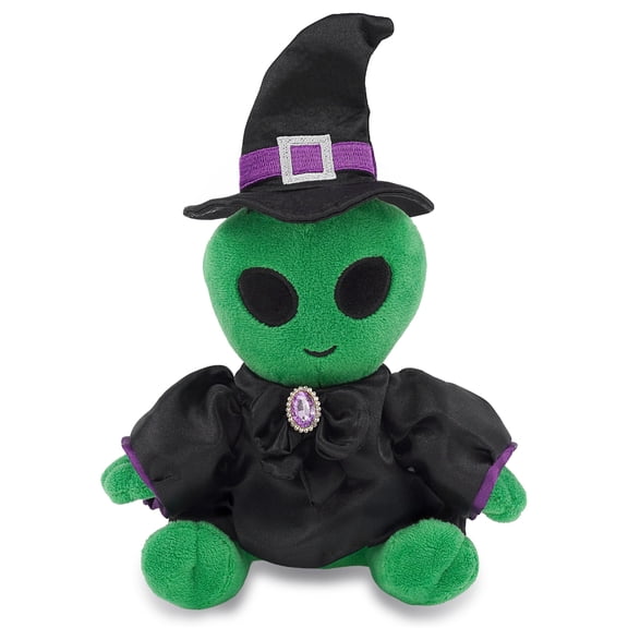 DolliBu Green Alien Plush Stuffed Animal with Witch Costume - Cute Space Witch with Black Cloak and Witch Hat Outfit - Spooky Halloween Plush Toy for Kids - 6 Inch