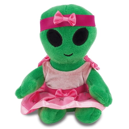 DolliBu Green Alien Stuffed Animal with Ballerina Dress Up Set - Space Plush Toy in Ballet Costume with Tutu Skirt, Headband, and Shirt for Kids and Adults - 6 Inch