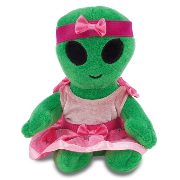 DolliBu Green Alien Stuffed Animal with Ballerina Dress Up Set - Space Plush Toy in Ballet Costume with Tutu Skirt, Headband, and Shirt for Kids and Adults - 6 Inch