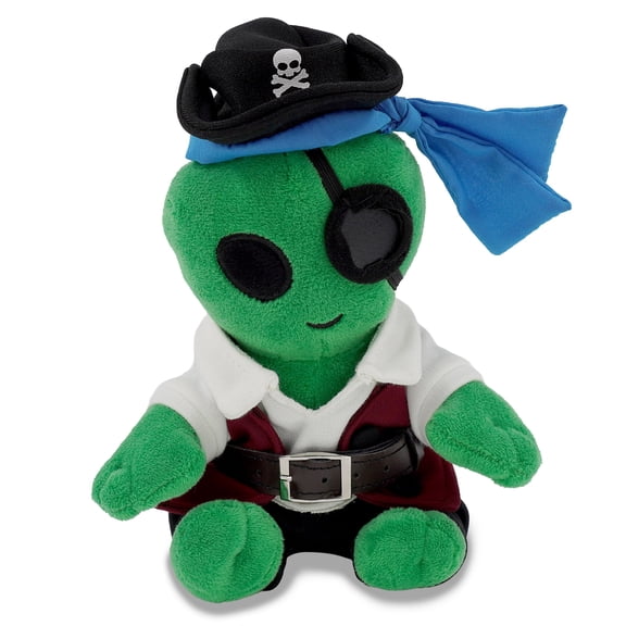 DolliBu Green Alien Stuffed Animal With Pirate Dress Up Set - Sea Adventure Plush Toy Stuffed Alien with Cute Pirate Costume - Hat, Shirt, Pants, Eye Patch, Belt - 6 Inch