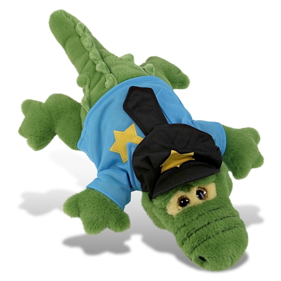 DolliBu Green Alligator Police Officer Plush Toy Super Soft Alligator Cop Stuffed Animal Dress Up Cop Uniform and Cap Outfit, Fluffy Alligator Policeman Toy Plush Gift for Kids 14 Inches