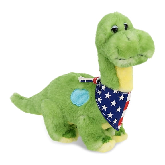 DolliBu Green Dinosaur Plush with USA Flag Bandana - Super Soft United States of America Green Dinosaur Patriotic Stuffed Animal - 9 Inches