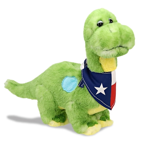 DolliBu Green Dinosaur Stuffed Animal with Texas Flag Bandana - Super Soft Stuffed Animal Plush Toy with Neck Scarf, Prehistoric Animal Bear Plush - 9 Inches