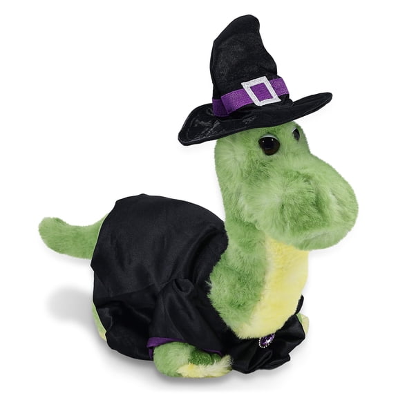 DolliBu Green Dinosaur Stuffed Animal with Witch Costume - Cute Prehistoric Animal with Black Cloak and Witch Hat Outfit - Spooky Halloween Plush Toy for Kids - 9 Inches