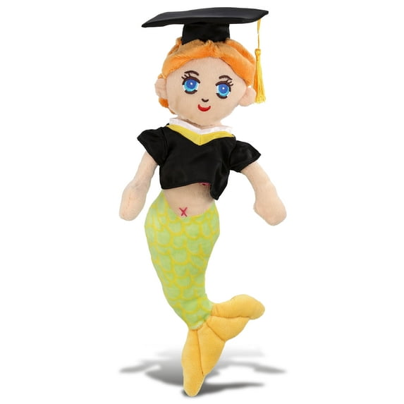 DolliBu Green Mermaid Graduation Plush Toy - Super Soft Plush Graduation Stuffed Animal Dress Up with Graduation Cap with Tassel Outfit - Congratulatory Graduation Gift - 14 Inch
