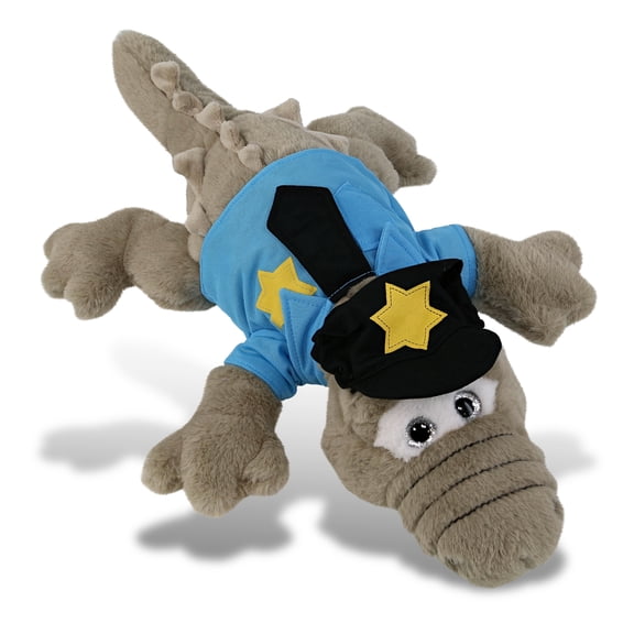 DolliBu Grey Alligator Police Officer Plush Toy Super Soft Alligator Cop Stuffed Animal Dress Up Cop Uniform and Cap Outfit, Fluffy Alligator Policeman Toy Plush Gift for Kids 17 Inches