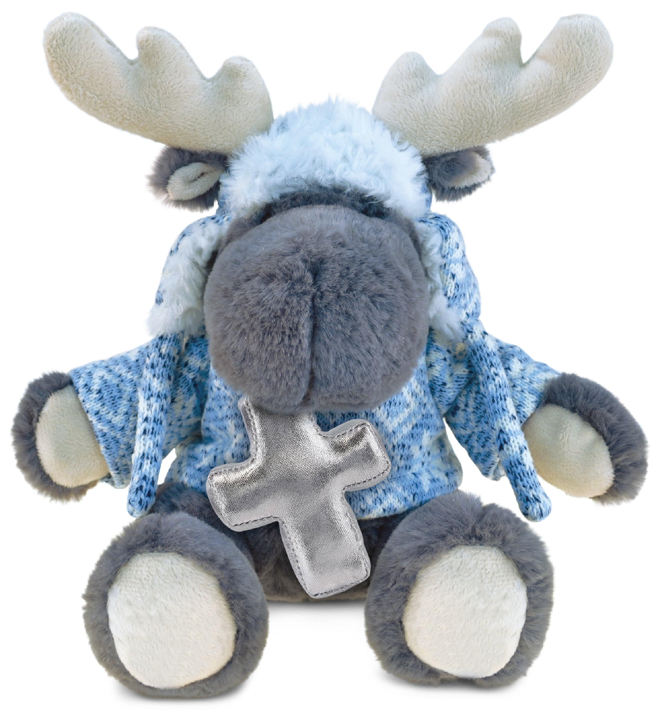 DolliBu Grey Moose with Clothes Stuffed Animal with Silver Cross Plush - Religious Baby Baptism Gifts for Boys and Girls, Dedication Christening Gifts Plush Prayer Toy Healing Teddy Bear - 12 Inches