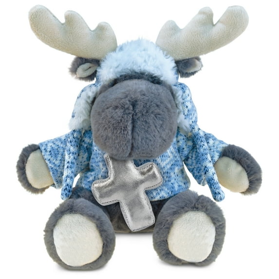 DolliBu Grey Moose with Clothes Stuffed Animal with Silver Cross Plush - Religious Baby Baptism Gifts for Boys and Girls, Dedication Christening Gifts Plush Prayer Toy Healing Teddy Bear - 12 Inches