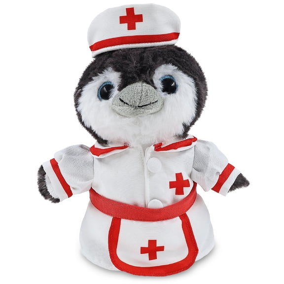 DolliBu Grey Penguin Plush with Nurse Stuffed Animal Dress Up Set - Hospital Costume Penguin Stuffed Toy with Nurse Dress, Hat, and Apron, Get Well Plush for Kids and Adults - 9 Inches