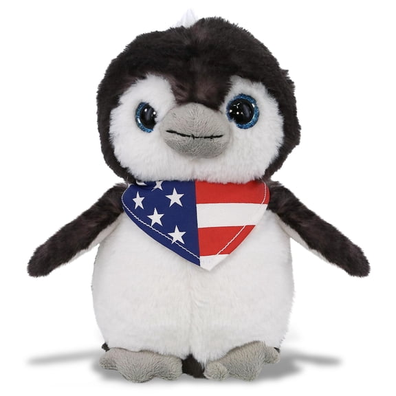 DolliBu Grey Penguin Plush with USA Flag Bandana - Super Soft United States of America Grey Penguin Patriotic Stuffed Animal - 9 Inches