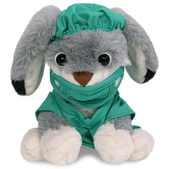 DolliBu Grey Rabbit Doctor Plush Toy - Super Soft Rabbit Doctor Stuffed Animal Dress Up with Cute Scrub Uniform and Cap Outfit - Fluffy Toy Plush Gift for Doctor, Nurse, Surgeon, Dentist - 7 Inch