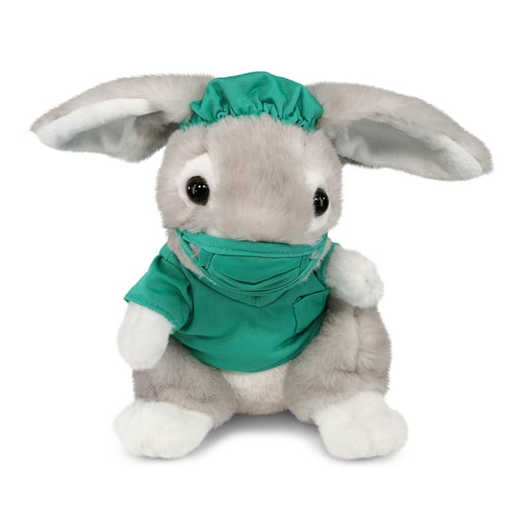 DolliBu Grey Rabbit Doctor Plush Toy - Super Soft Grey Rabbit Doctor Stuffed Animal Dress Up with Cute Scrub Uniform and Cap Outfit - Fluffy Doctor Toy Plush Gift - 6.5 Inches