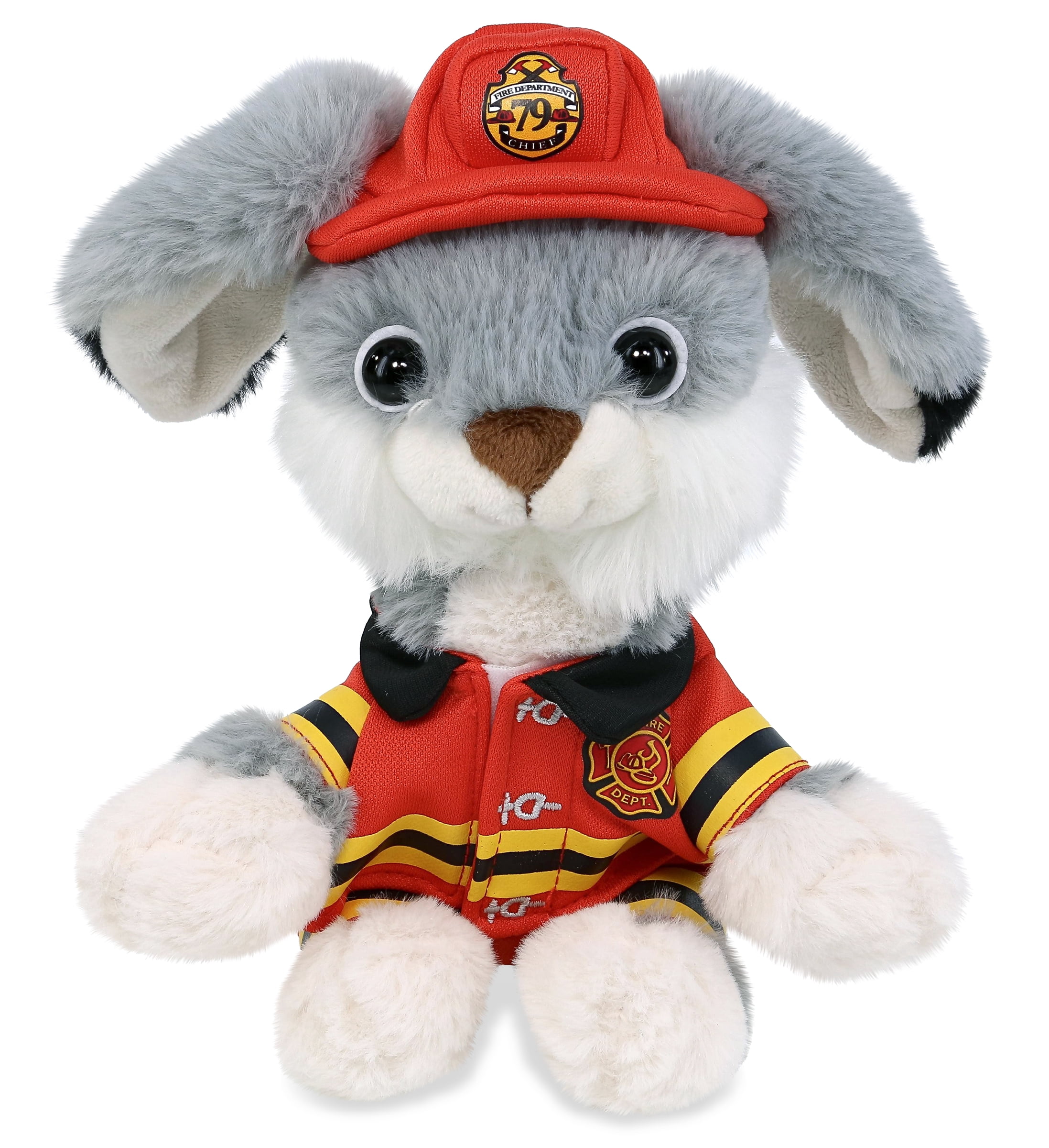 DolliBu Grey Rabbit Firefighter Stuffed Animal - Super Soft Rabbit Fireman Toy with Red Fireman Costume Outfit and Fireman Hat, Farm Life Stuffed Animal Fire Fighter Doll Plush Toy for Kids - 7 Inch