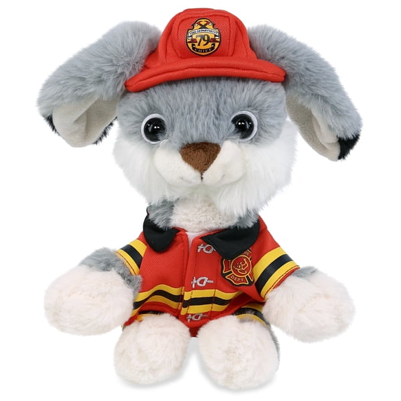 DolliBu Grey Rabbit Firefighter Stuffed Animal - Super Soft Rabbit Fireman Toy with Red Fireman Costume Outfit and Fireman Hat, Farm Life Stuffed Animal Fire Fighter Doll Plush Toy for Kids - 7 Inch